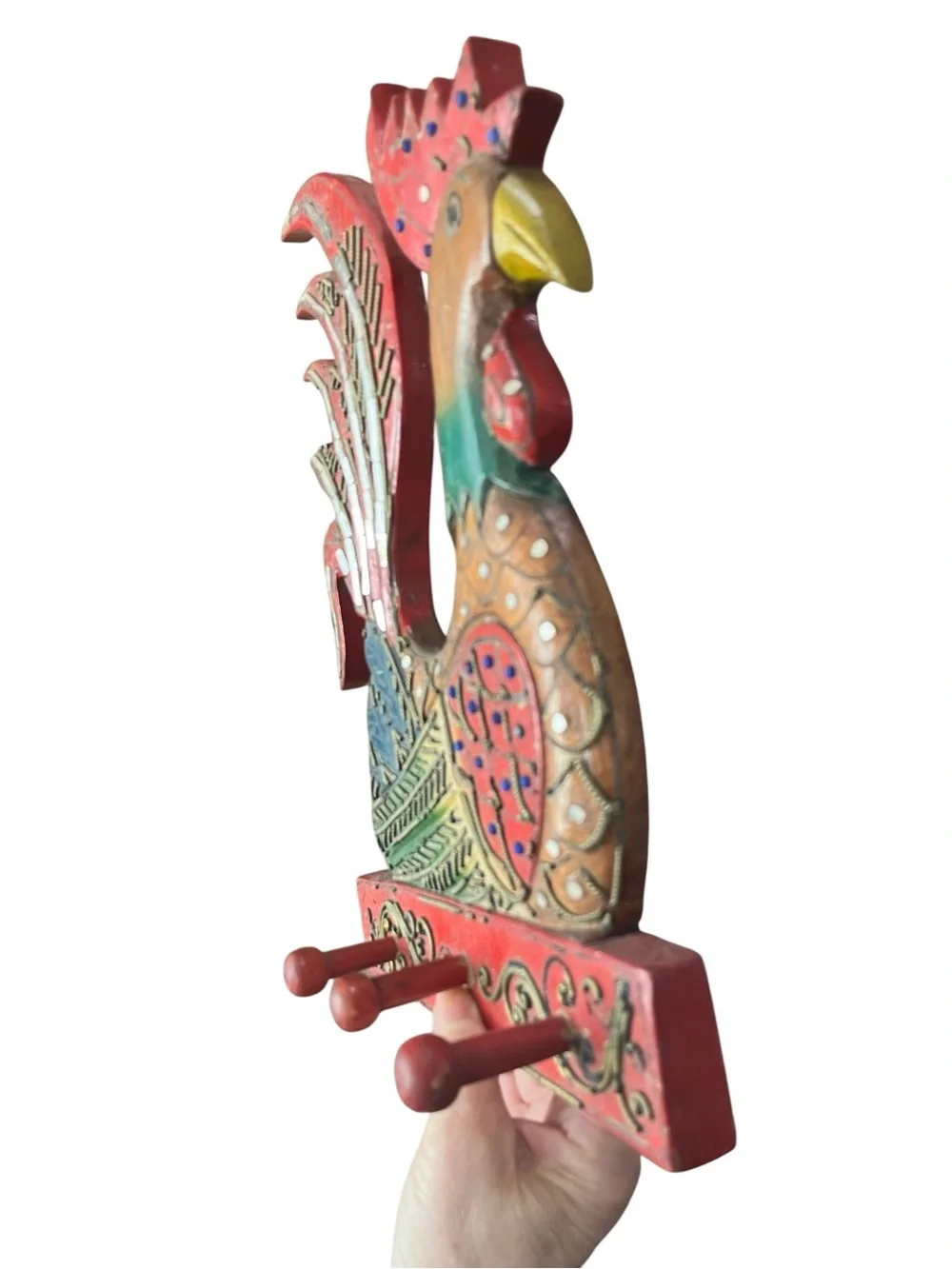Vintage Balinese Rooster folk art key holder wall decor